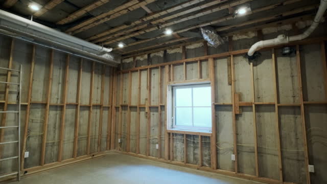 Wood building frame structure on a new development framing in basement and hvac system of new house under construction