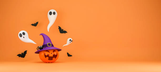 istock 3D Render Halloween pumpkin with spooky ghost banner background with copy space 1418210425
