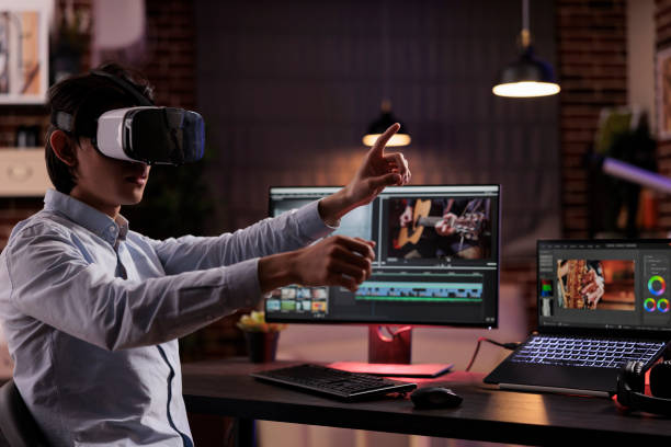 istock Freelancer using vr glasses to edit movie footage 1418210545