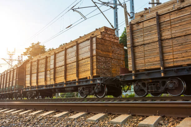 bloques de madera tratada tablas cargadas en vagones de carga, enviadas en tren a destino. - shunting yard freight train cargo container railroad track fotografías e imágenes de stock
