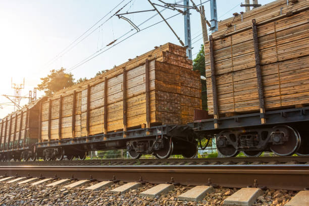 貨物貨車に積み込まれた処理され��た木製ブロックボードは、列車で目的地に送られます。 - shunting yard freight train cargo container railroad track ストックフォトと画像