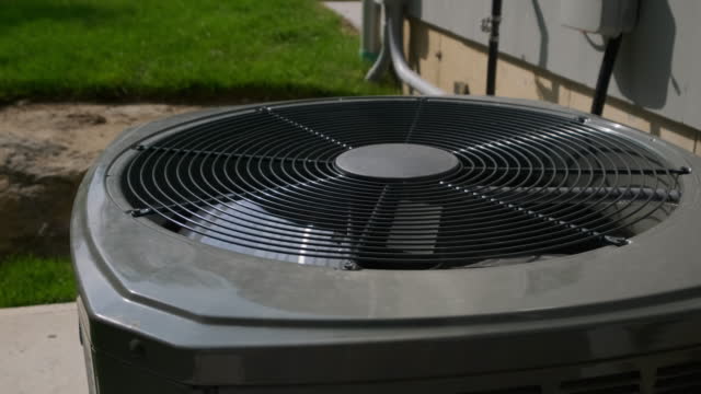 New Home HVAC Air Conditioner system. Close up. Move camera
