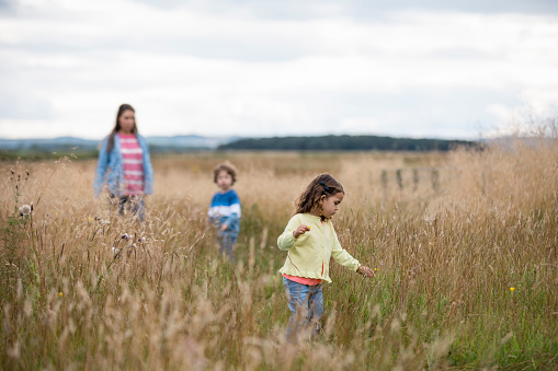 A wide-angle front view of a mother and her two children exploring in the sand dunes together she is enjoying making memories in the beautiful coastal town of Seahouses in the North East of England.