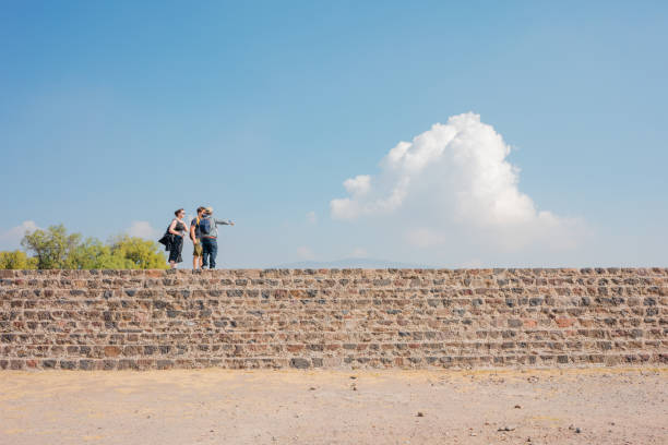 From the top of a temple at Teotihuacán, the expansive view captures the ancient ruins set against a backdrop of green fields peppered with tropical trees, all under a clear blue sky