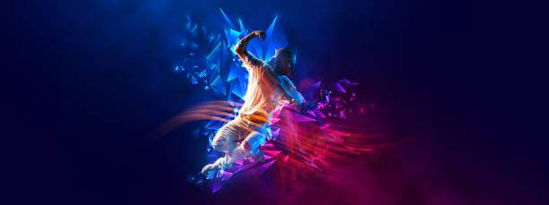 istock Flyer with young stylish man, breakdanc dancer in motion over dark background with neon colorful elements. 1418212445