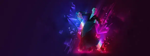 Waltz, valse. Poster, flyer with graceful young couple dancing ballroom dance over dark background with colorful neon elements. Art, music, dance style concept. Open dance cup. Copy space for ad