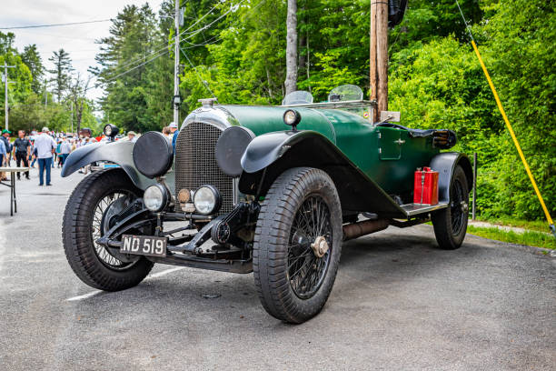 Highlands, NC - June 11, 2022: Low perspective front corner view of a 1927 Bentley 3 Litre Speed Model Tourer at a local car show.