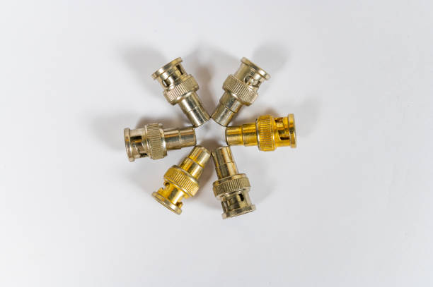 Set of BNC plug to RCA Jack on a white table, Display connector, Top view with copy space.