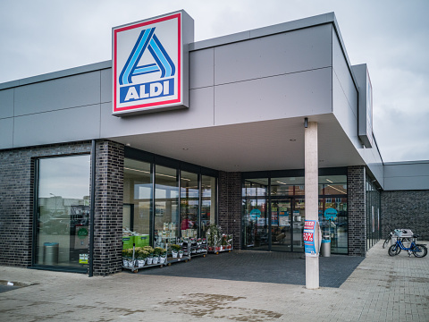 Waren/Müritz, Germany - August 5, 2022: entrance of the local ALDI store