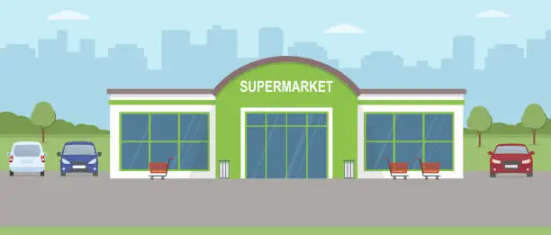 Vector illustration of Supermarket building with parking lot. Urban landscape.