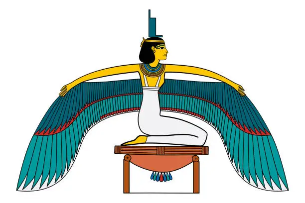 Vector illustration of Isis, winged goddess in ancient Egyptian religion, with throne hieroglyph