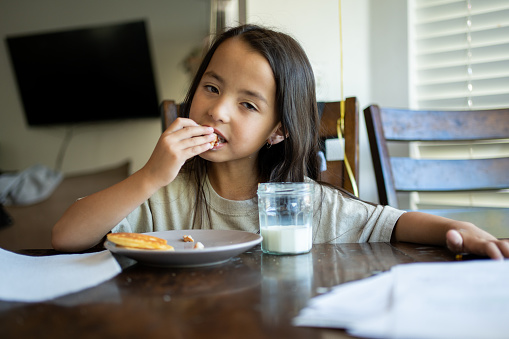 Beautiful Six-Year-Old Mixed Race Girl Enjoying a Sandwich and Glass of Milk for Lunch At Her Home in the Dining Room