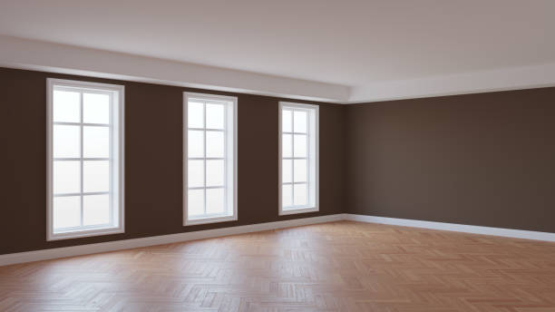istock Beautiful Brown Interior Corner with Glossy Herringbone Parquet Floor 1418219383