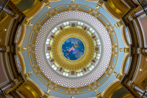 Des Moines, Iowa, USA - August 3, 2022:  Inner dome from the rotunda floor of the Iowa State Capitol