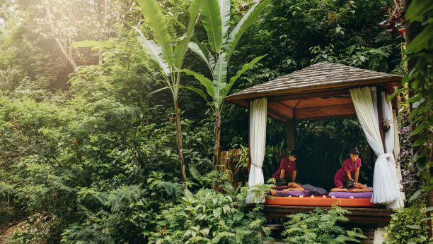 massage pavilion in nature with couple receiving massage - tropical spa imagens e fotografias de stock