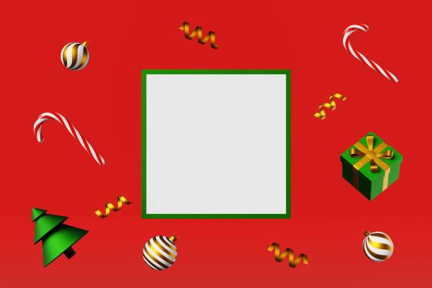 istock Christmas greeting card mockup fir tree ball candy cane gift box ribbon bow 3d rendering. Board template red background. 1418228717