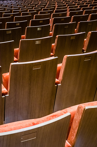 Shallow focus image of theatre seats viewed from behind creating a repeating pattern into the distance