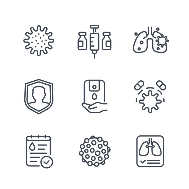 virus, covid 19 oder coronavirus line icons set - immunologie stock-grafiken, -clipart, -cartoons und -symbole