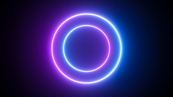 Background with a neon circle that glows blue and pink - 3D rendering