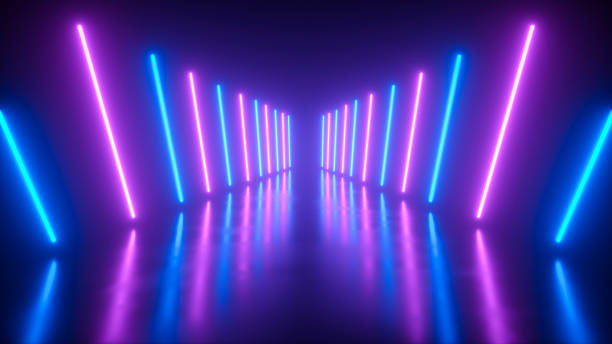 istock Room with neon lines creating a tunnel with reflections on the floor, neon abstract background - 3D rendering 1418232627