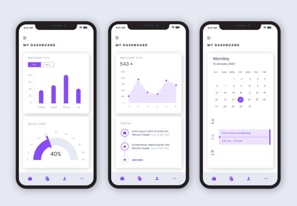 user interface design for business dashboard app - iphone stock illustrations