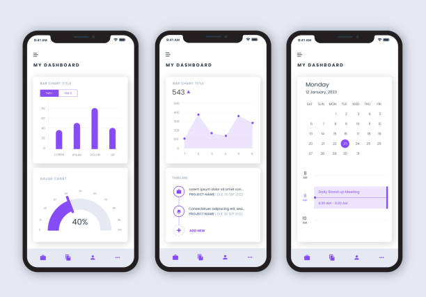 User interface design for business dashboard app Application UI design for business user admin dashboard on light grey background theme mobile-app stock illustrations