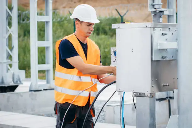 Photo of Adult electrical engineer mount the electrical systems at the equipment control cabinet. Installation of modern electrical station