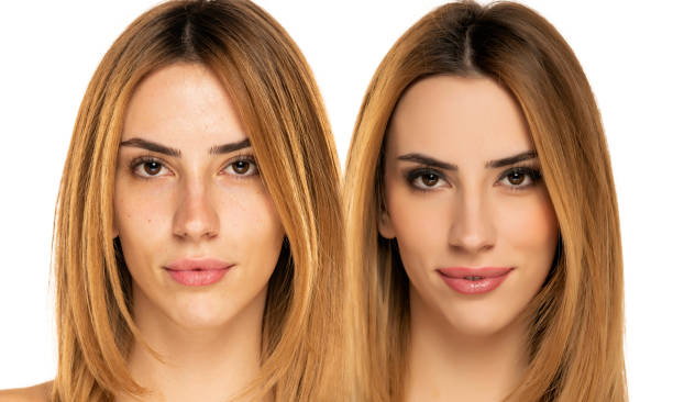 istock Comparison portrait of a woman without and with makeup 1418237608