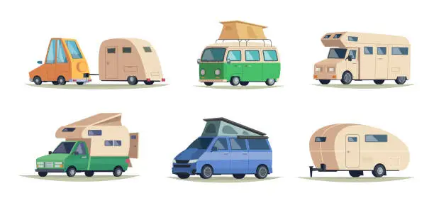 Vector illustration of Camping cars. Vintage caravan vehicles for outdoor camp travelling road vacation happy tourism symbols exact vector cartoon pictures