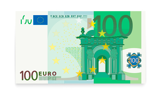 One hundred euro banknotes on a white background.