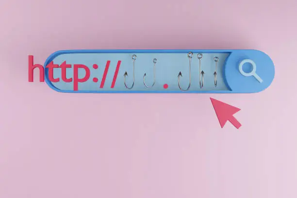 Browser search bar showing an URL address made of fishing hooks. Illustration of web domain spoofing and email phishing