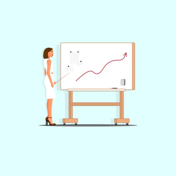 Vector illustration of Young beautiful woman in a white dress and high heels standing beside whiteboard,Businesswoman explaining graphs and data displayed on whiteboard.