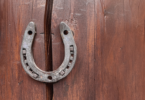 Old horseshoe on wooden wall background. Farm authentic entourage. Good luck, safety. Protect from breaking apart, failure misfortunes. Superstitions, beliefs. Problem solution. Property insurance