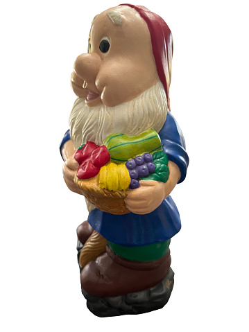 Side View Garden Gnome Holding Fruit Basket Isolated With Path