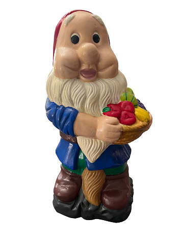 Front View Garden Gnome Holding Fruit Basket Isolated With Path