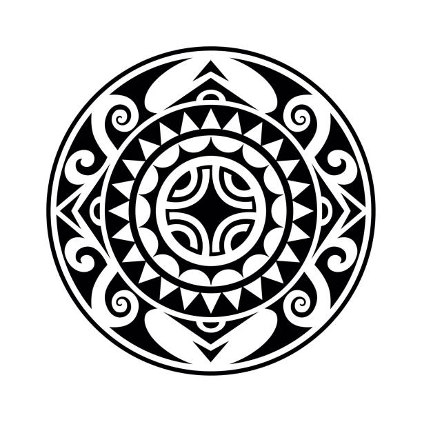 Round tattoo geometric ornament with swastika maori style Round tattoo geometric ornament with swastika maori style. Black and white maori tattoos stock illustrations