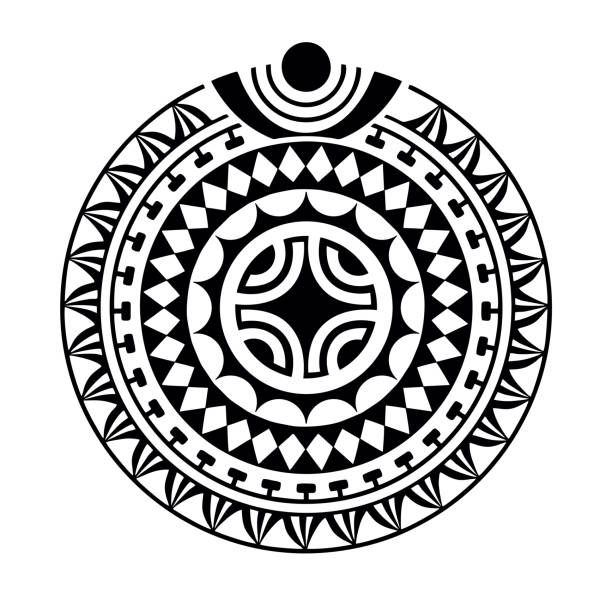 Round tattoo geometric ornament with swastika maori style Round tattoo geometric ornament with swastika maori style. Black and white tribal tattoo vector stock illustrations