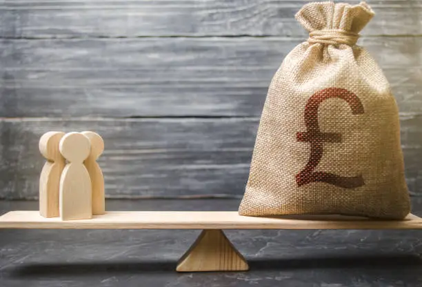 Photo of Pound sterling GBP symbol on money bag and people on scales. concept attracting investment, business cooperation, crowdfunding and startup. Staff salary specialist services cost. Solvency, taxpayers