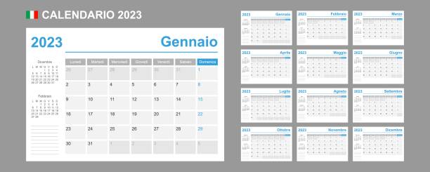 italian calendar for 2023. week starts on monday. simple vector template. business design planner. - i̇talyanca illüstrasyonlar stock illustrations