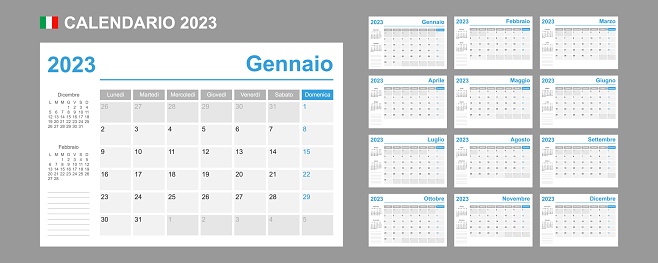 Italian calendar for 2023. Week starts on Monday. Simple vector template. Business design planner.