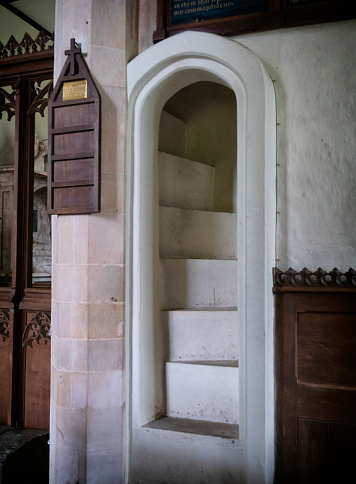 The old rood stair in the parish church of St Peter in Spixworth, Norfolk, Eastern England. The rood screen is no longer extant.