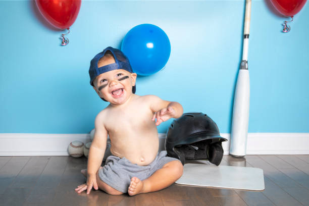 Dancing One Year Old Baby Boy With Baseball Birthday Theme