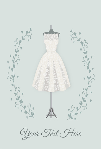 White dress on mannequin for invitation, bridal shower or wedding