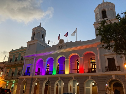 Puerto Rico - San Juan- Plaza de armas. The central square of old San Juan and its colorful town hall at night