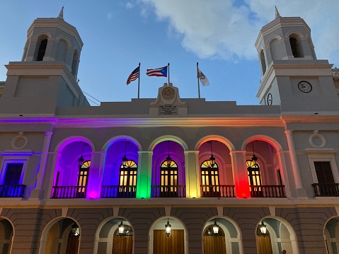 Puerto Rico - San Juan- Plaza de armas. The central square of old San Juan and its colorful town hall at night.