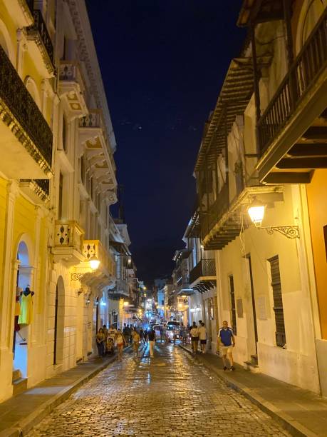 Porto Rico - old San Juan - panorama in the night from old town - little street stock photo