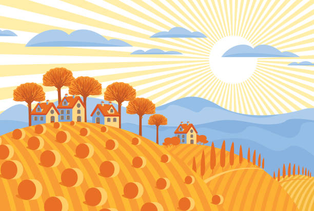 illustrazioni stock, clip art, cartoni animati e icone di tendenza di paesaggio autunnale con villaggio e campi - beautiful nature crop summer