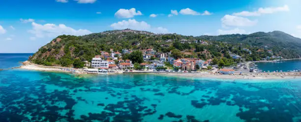 Panoramic view of the idyllic fishing village Loutraki, port of Glossa, at the Sporades island Skopelos, Greece