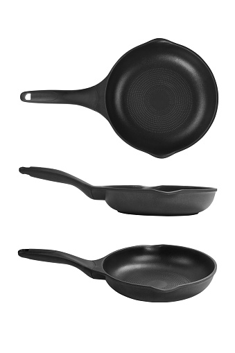 Black frying pan three different views. Isolated on white, clipping path included