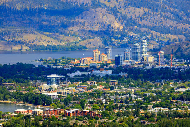 View of the city of Kelowna and Okanagan Lake located in the Okanagan Valley, British Columbia, Canada.
